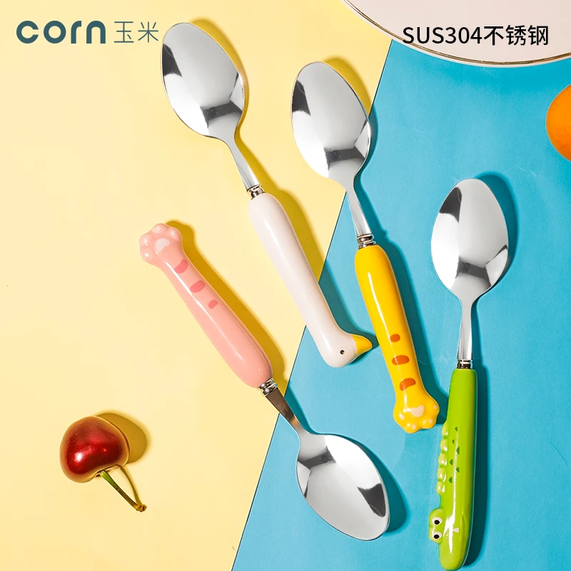 玉米儿童卡通勺子宝宝汤勺3岁家用勺调羹饭勺短柄小可爱304不锈钢