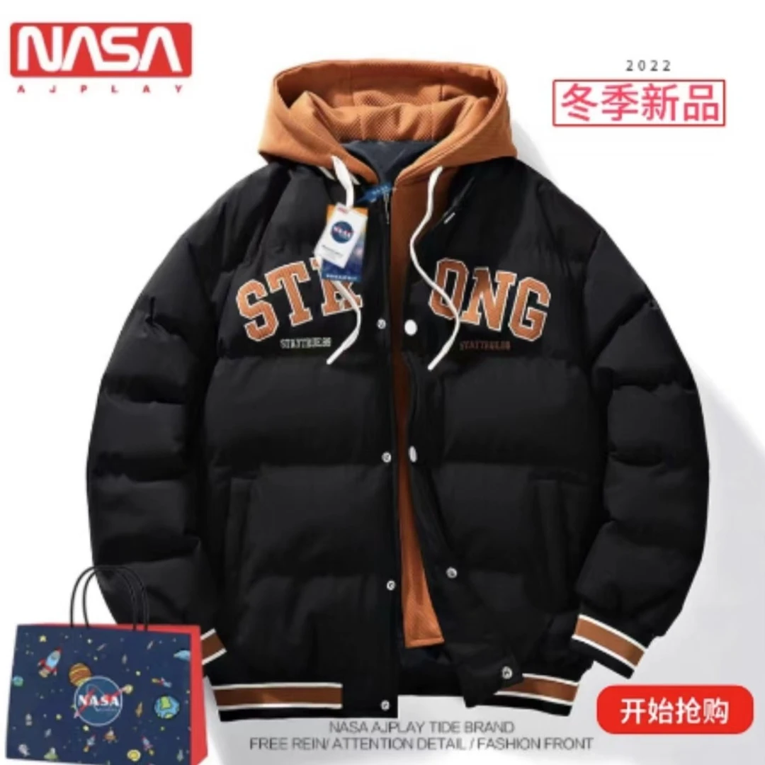 新款棉服假两件加厚加绒羽绒服冬季连帽潮牌百搭棉衣男士冬装外套