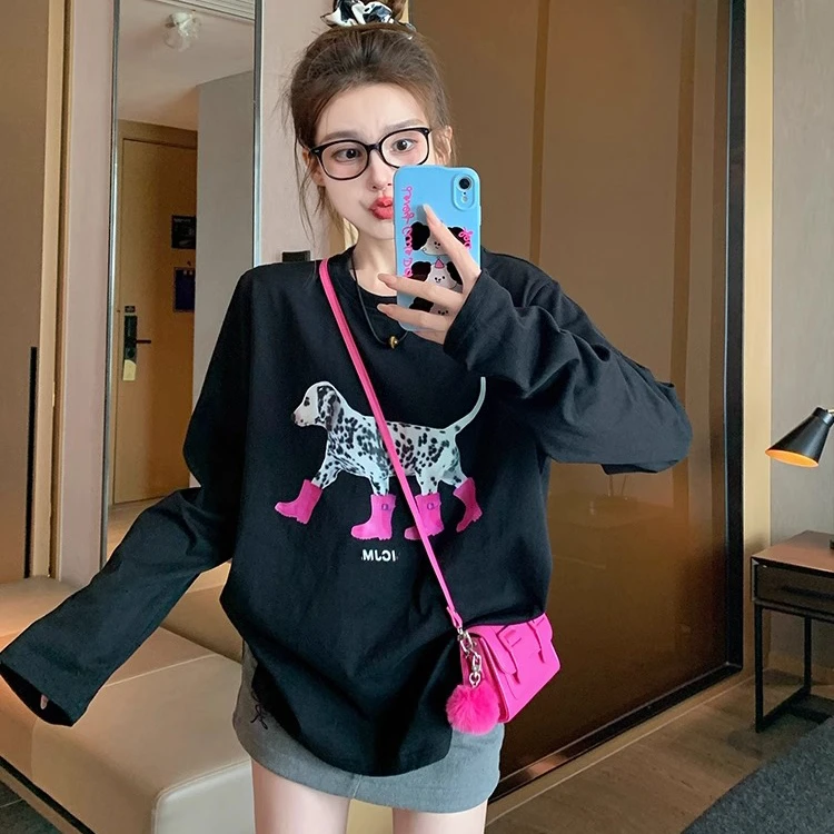 黑色卡通小狗长袖t恤女纯棉圆领显瘦宽松休闲美式复古内搭上衣ins