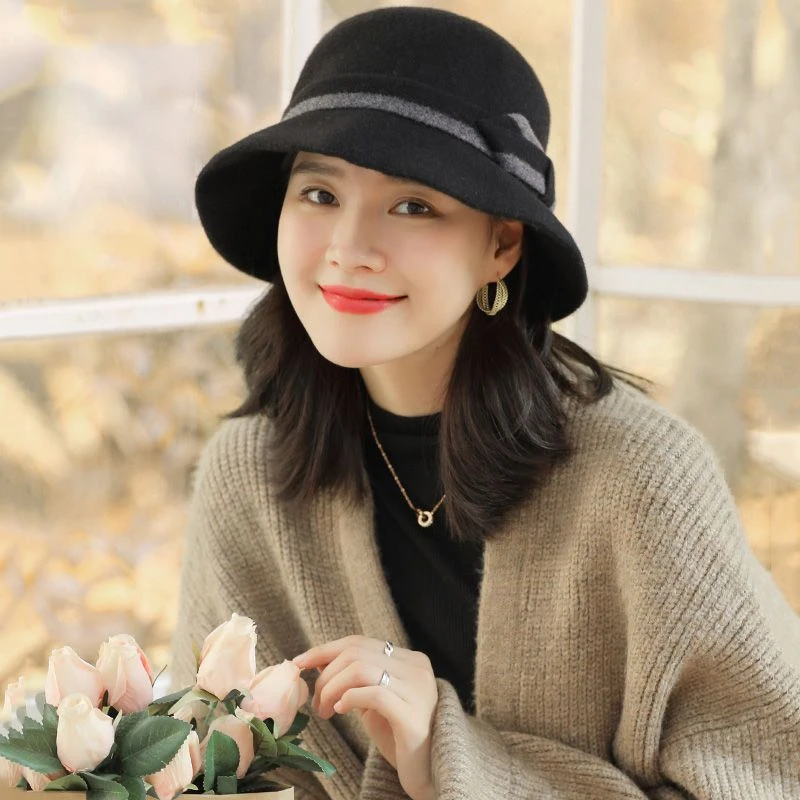 帽子女秋冬百搭渔夫帽圆脸日系羊毛礼帽时尚复古全毛呢盆帽女士