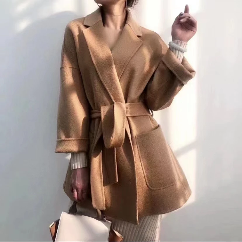 水波纹羊绒大衣短款 女装时尚时尚女士气质显瘦中长款百搭