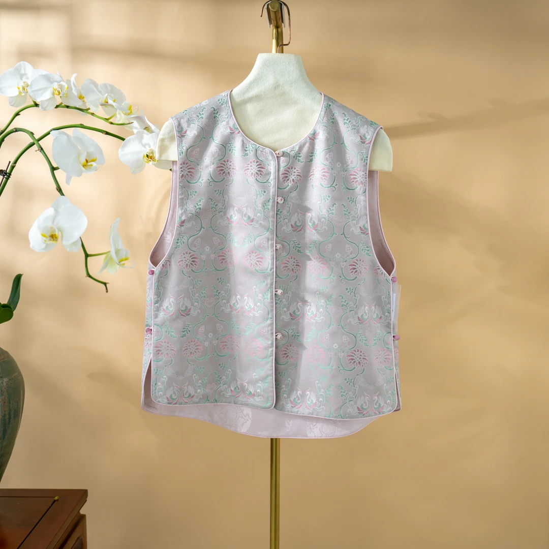 蓝大【北北】桑蚕丝文艺圆领马甲提花民国风对襟春夏日常宽松6310