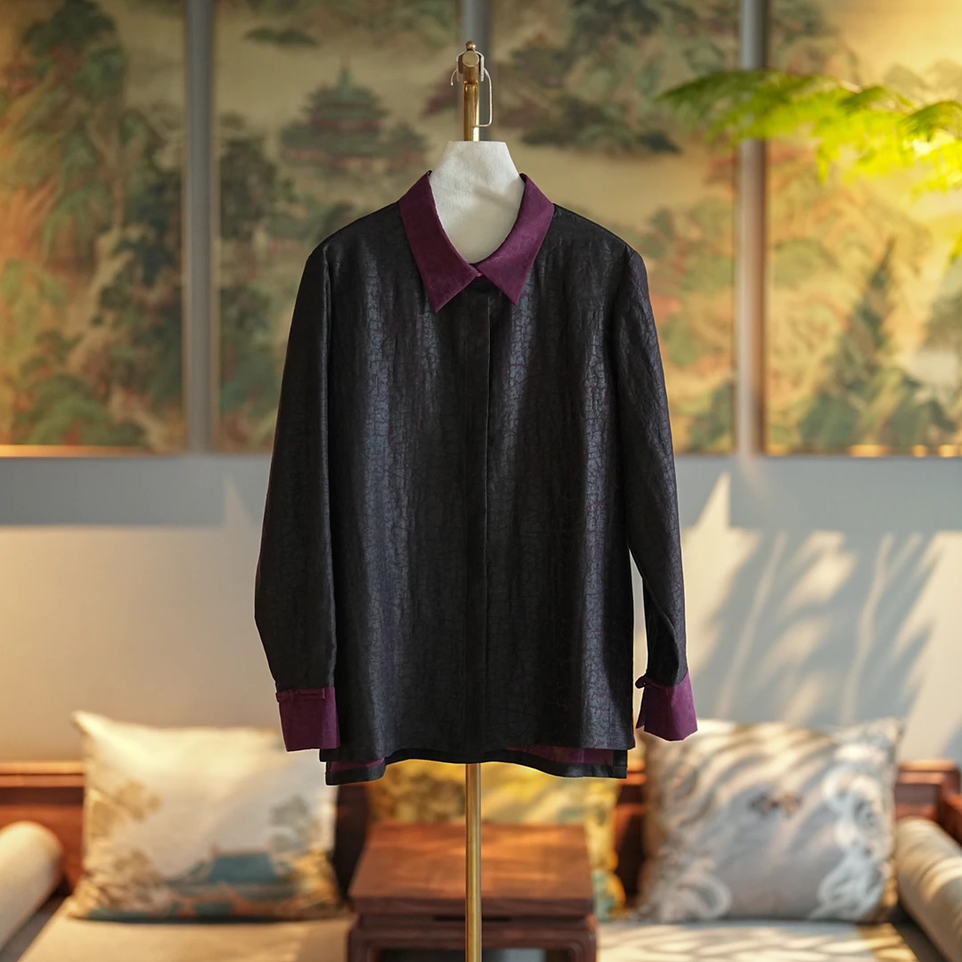 蓝大【名智】6801桑蚕丝长袖上衣气质时尚休闲复古宽松中式秋冬