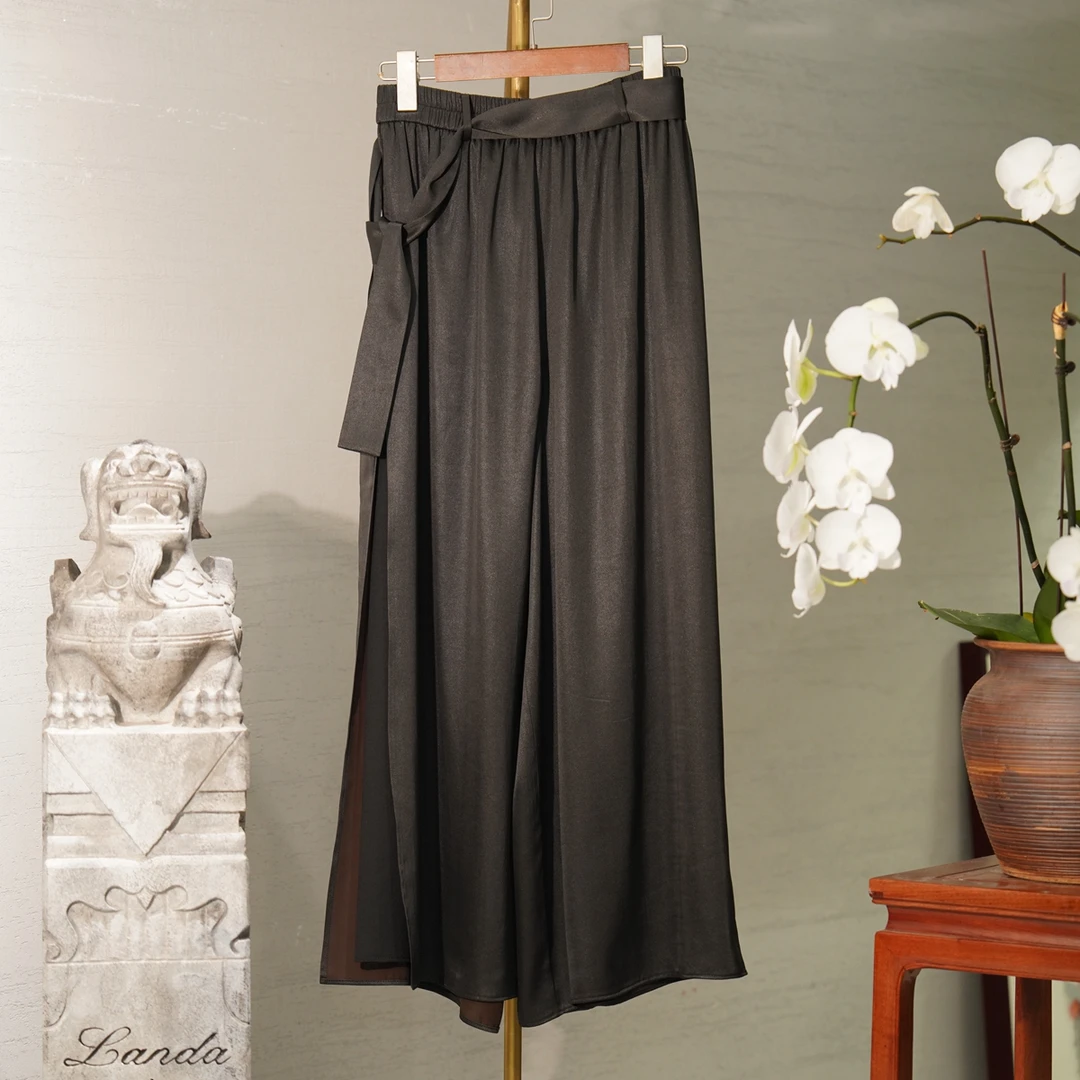 蓝大【挽歌】6210桑蚕丝阔腿裙裤高腰休闲百搭中式宽松女士松紧腰