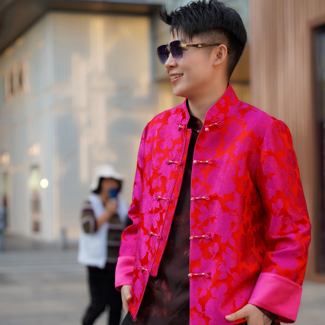 蓝大【海棠】桑蚕丝短款长袖外套中式红色民族风复古F9774