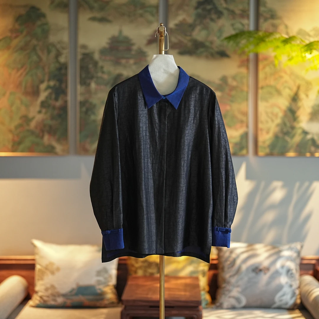 蓝大【瑞建】6804桑蚕丝长袖上衣时尚春秋休闲复古中式撞色秋季