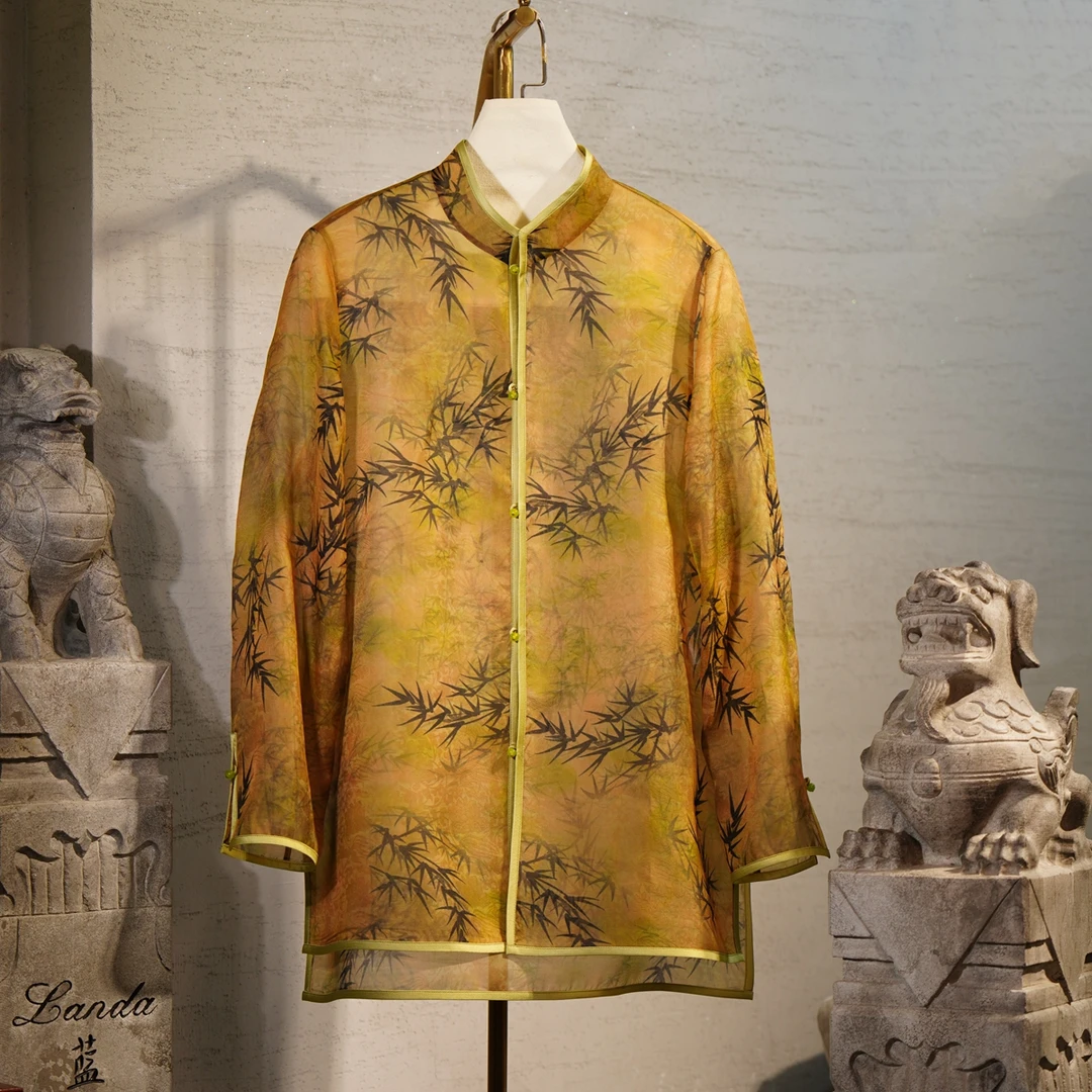 蓝大【洛尘】桑蚕丝欧根纱衬衫9978新中式气质夏季长袖