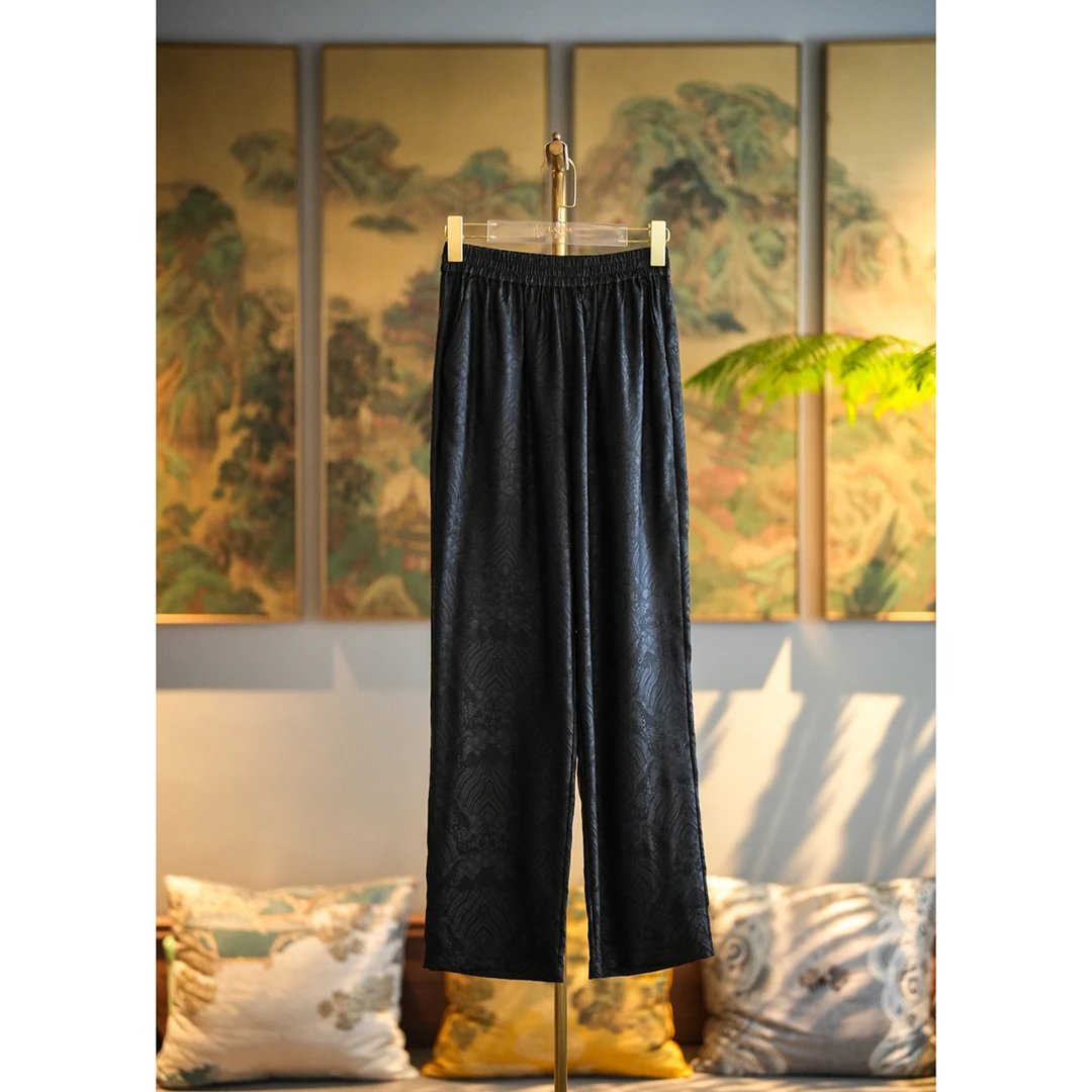 蓝大【诺离】F9069香云纱提花休闲长裤舒适高腰时尚设计师女士黑色