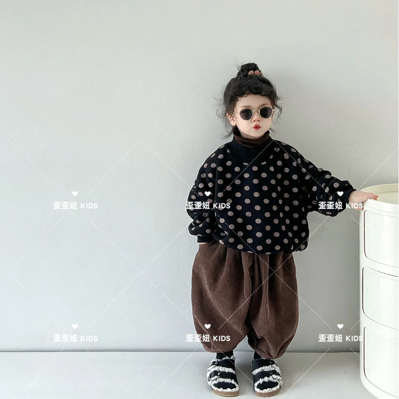 【冬季大促】儿童加绒套装2023秋冬新款套装男女童可爱圆点圆领套