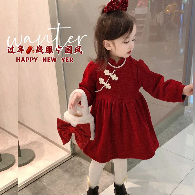 【冬季大促】女童连衣裙冬季新款加绒洋气女宝宝红色中国风拜年服