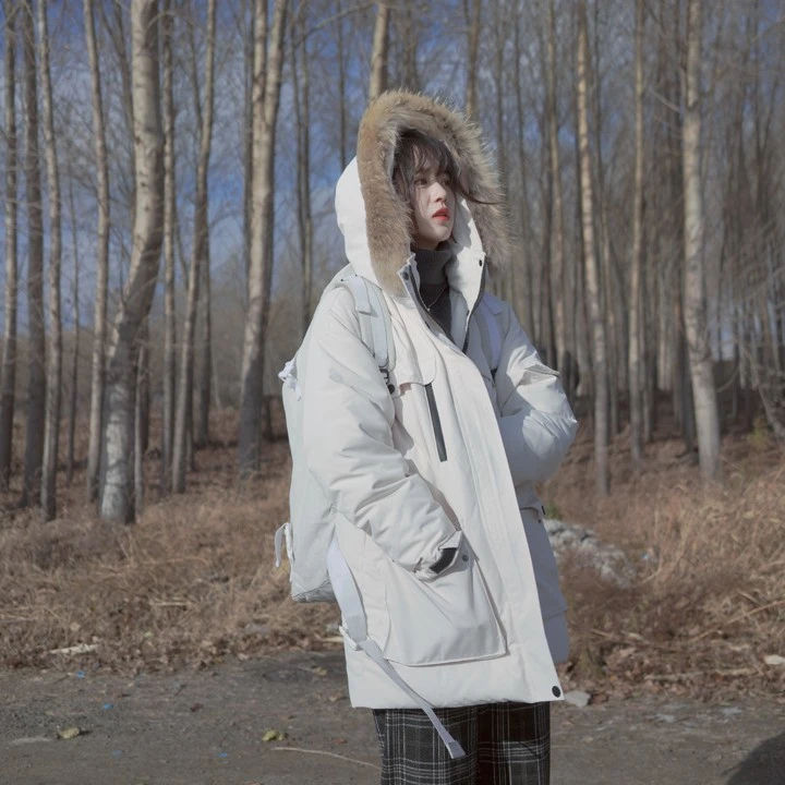 白线流/自制 学院风宽松加厚连帽羽绒服 复古中长款派克外套女