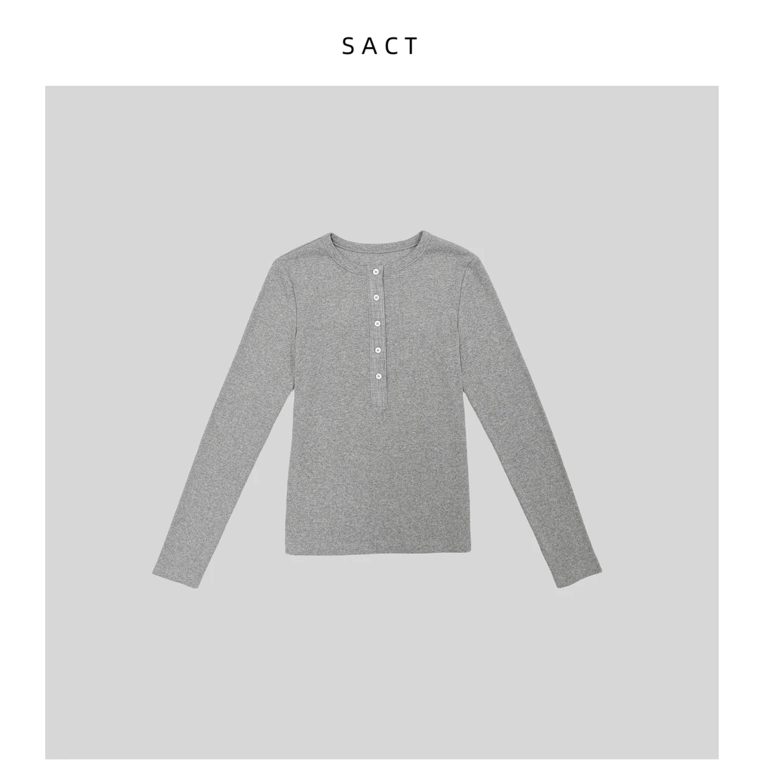 2024年春夏爆款灰色经典螺纹棉质纽扣门襟圆领时尚打底t恤-DB1226