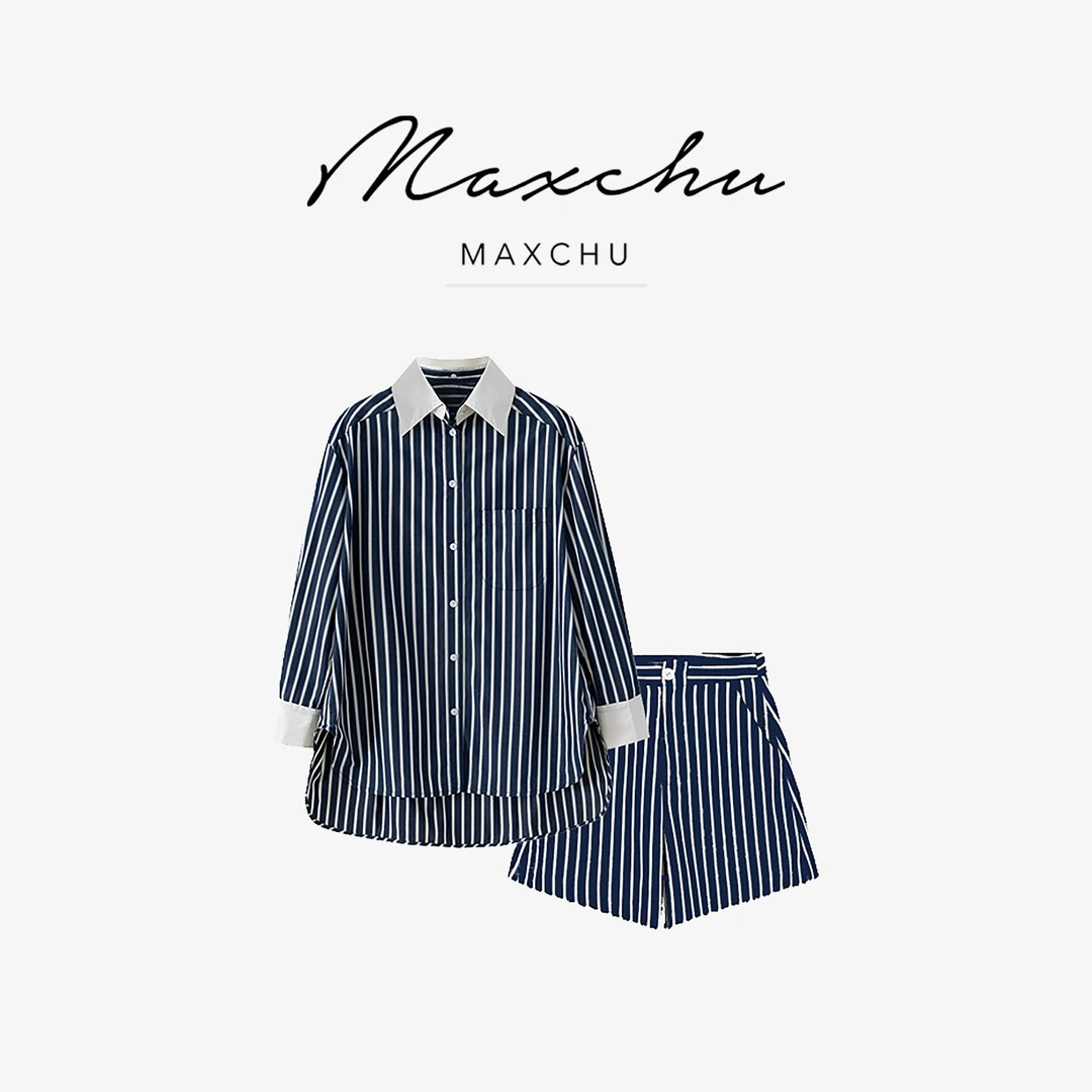MAXCHU|秋款~休闲居家感衬衫设计师立体宽松条纹衬衣套装