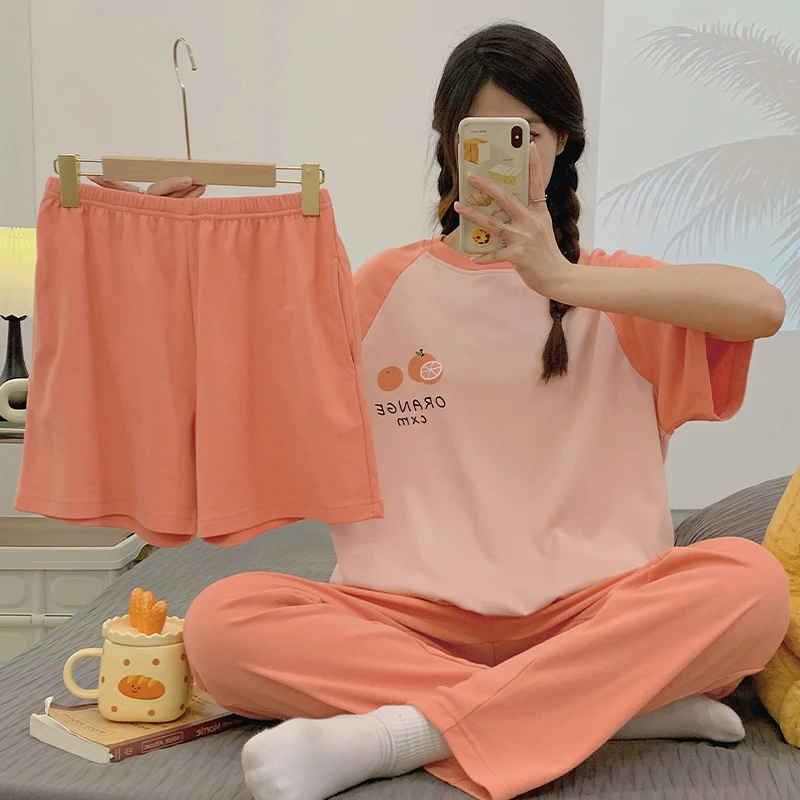 夏季新款睡衣女三件套带胸垫短裤长裤可外穿薄款休闲家居服60922