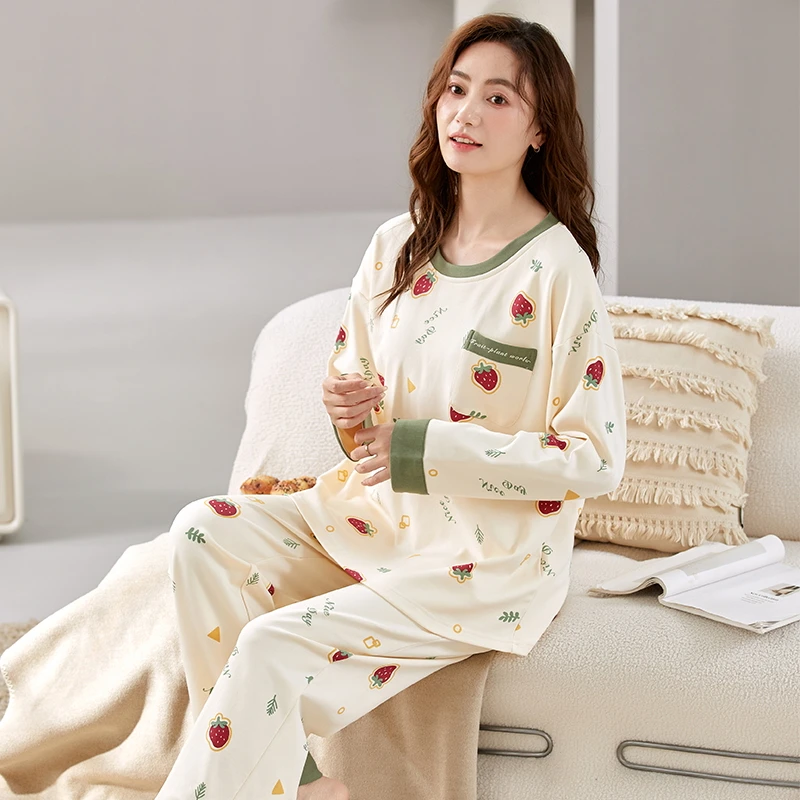 春秋新款加厚睡衣女长袖长裤简约舒适家居服套装可外穿226904H