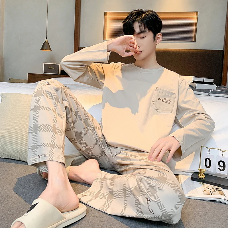 秋冬新款睡衣男士套头长袖长裤简约舒适休闲家居服套装