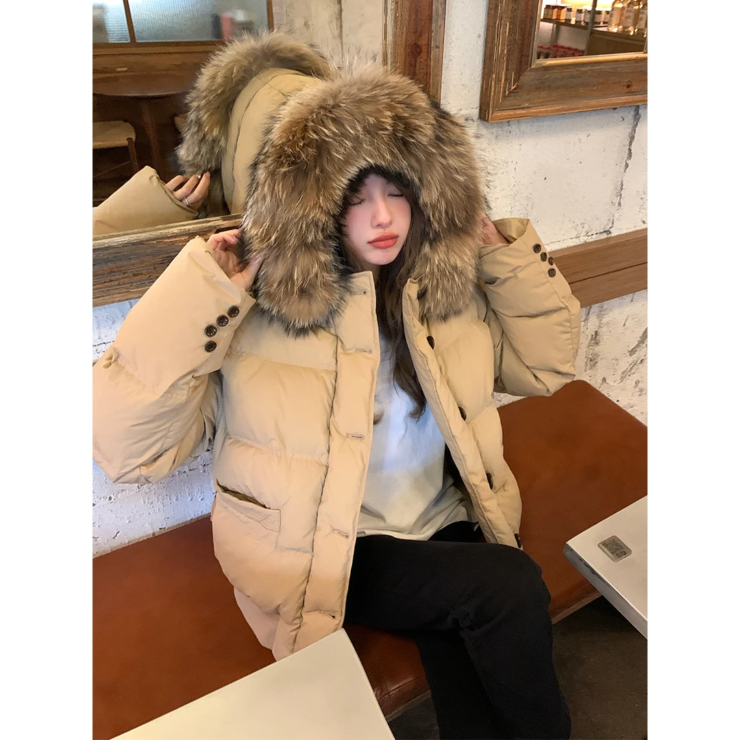 冬季新款网红气质大毛领短款小个子连帽棉衣宽松加厚保暖棉服外套