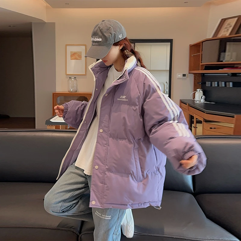 秋冬韩版新款三条杠立领短款棉服外套潮流宽松小个子保暖过冬棉衣