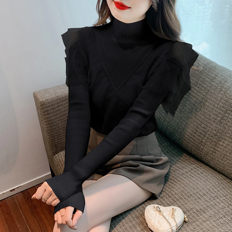 春季新款气质露肩蕾丝花边半高领打底衫长袖毛衣针织衫女百搭上衣