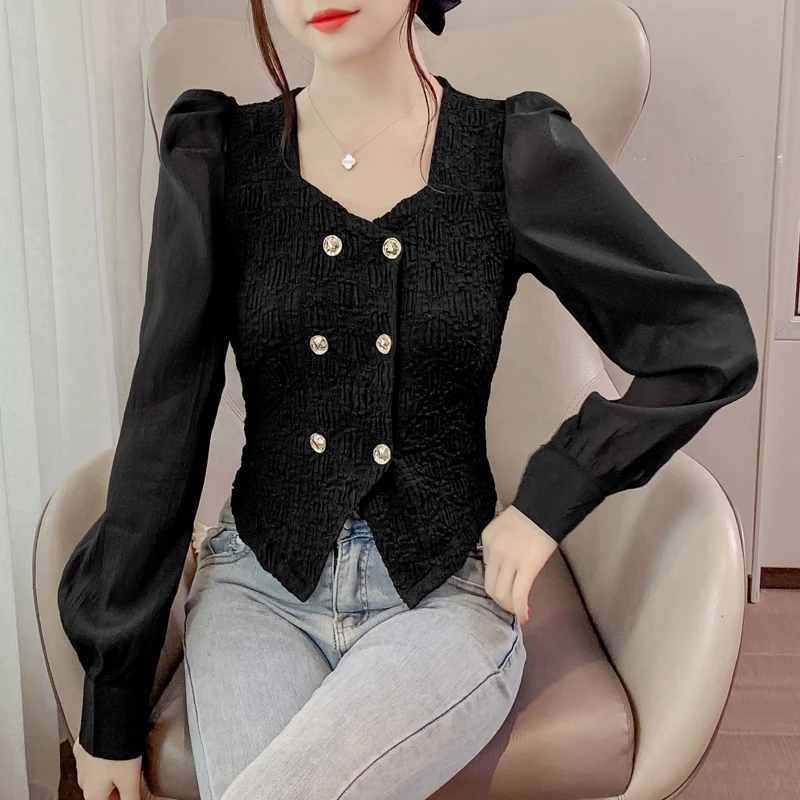 2025春秋新款法式双排扣拼接v领衬衣修身显瘦短款小香风长袖上衣
