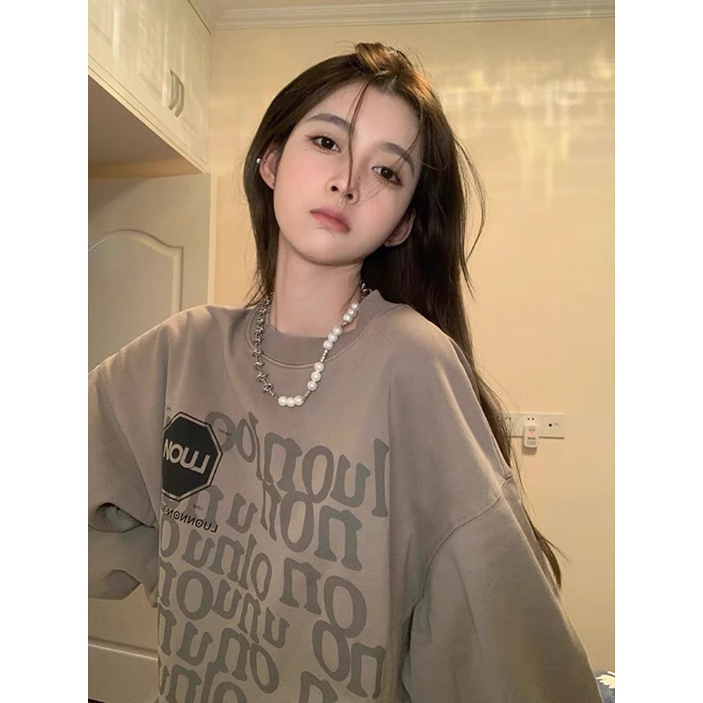 秋冬新款加绒保暖美式百搭印花圆领卫衣休闲小个子宽松长袖上衣女