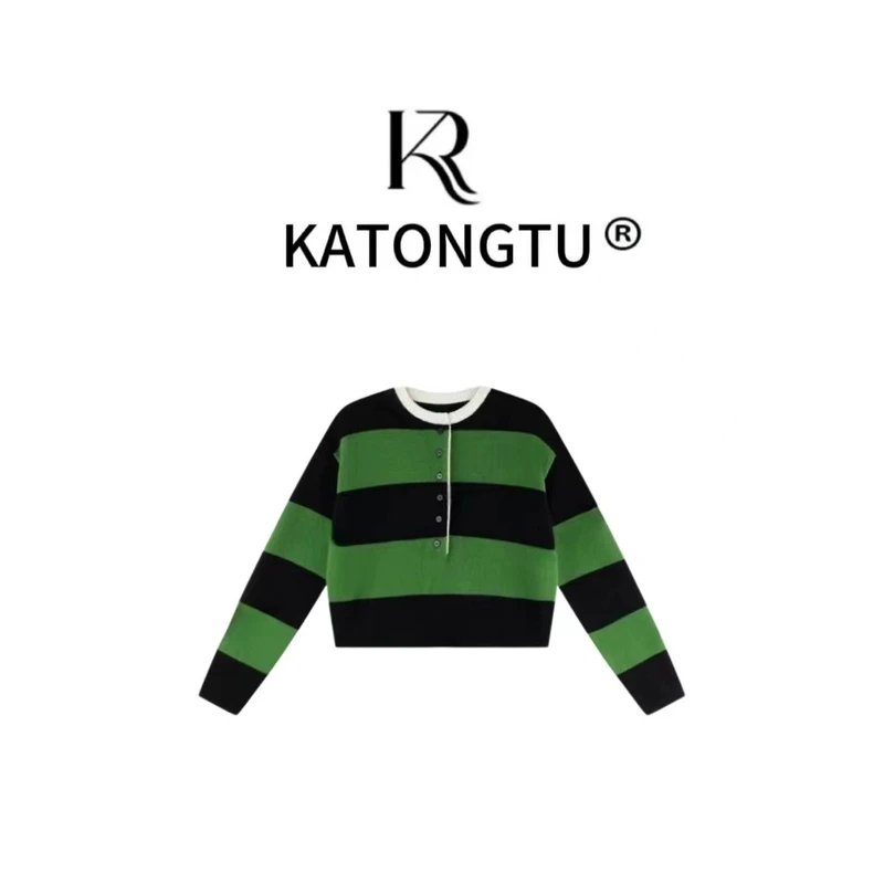 katongtu/卡通兔【法兰西】秋季条纹半开襟长袖针织上衣  YN24155