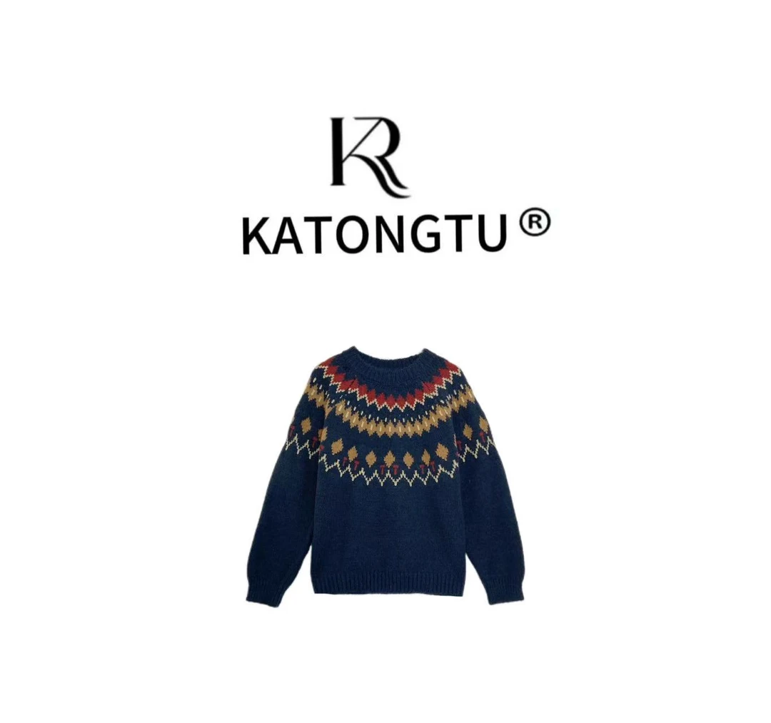 katongtu/【孔雀开屏】 冬季新款慵懒圆领菱格提花毛衣YN24461