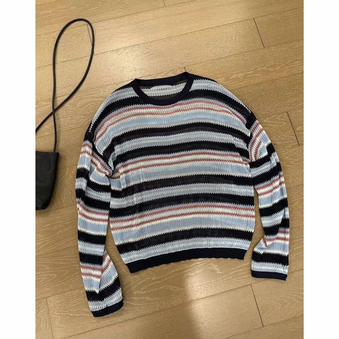 HAN YU  2024早秋新款极简百搭针织条纹圆领长袖上衣 2407B3175