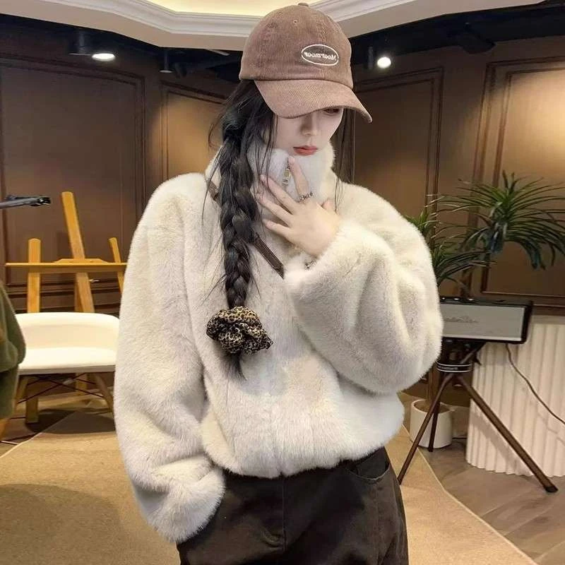 2024新款仿水貂绒皮毛一体短款冬季立领休闲环保仿皮草毛毛外套