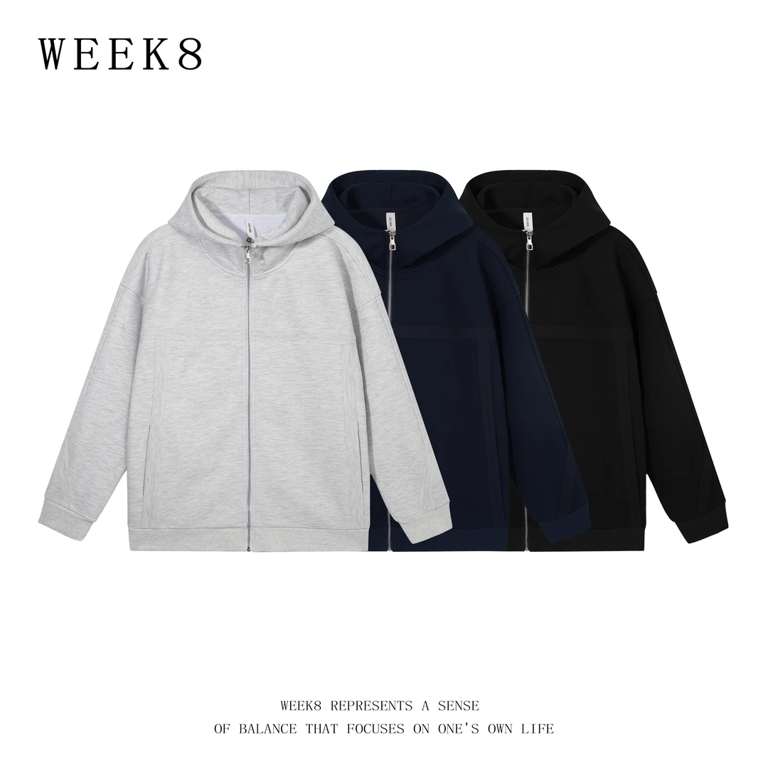 WEEK极简帽衫外套秋冬季cleanfit重磅肌理纹宽松拼接拉链纯色卫衣