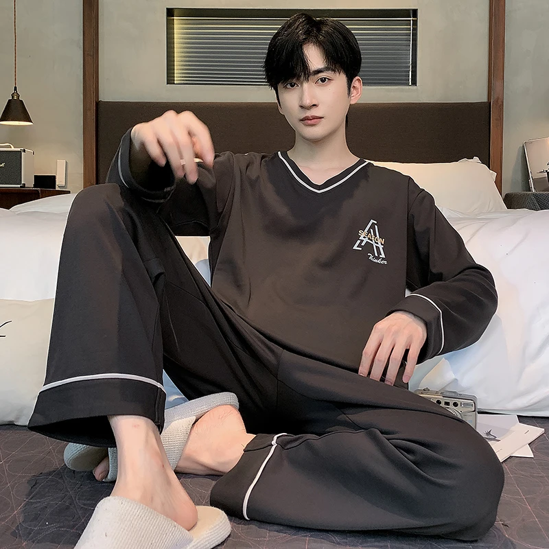睡衣男春秋款2024新款男款纯棉男士长袖青少年V领字母家居服秋冬