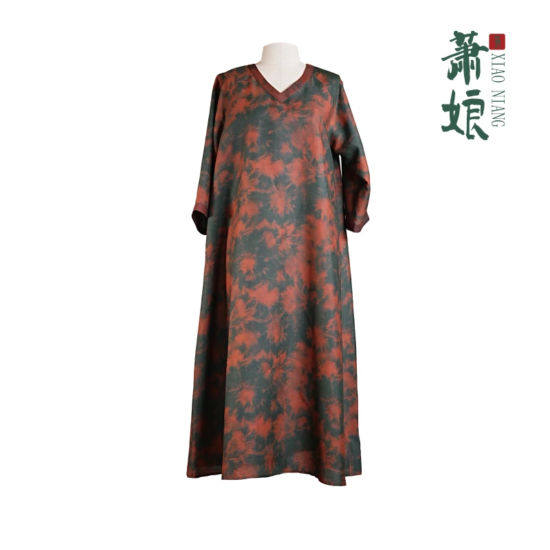 萧娘【银狐】皇金丝宽松连衣裙新中式中国风复古桑蚕丝中长款2330