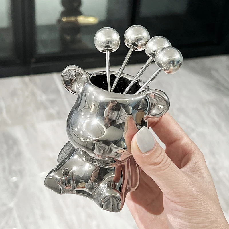 轻奢水果叉家用餐具不锈钢可爱高级创意收纳罐套装叉子刀叉水果签