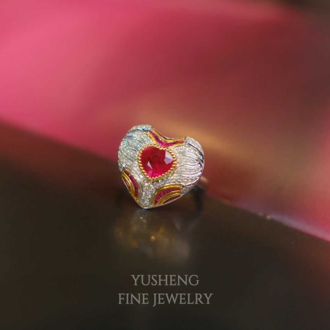 18K金镶嵌天然缅甸红宝石戒指 1.2缅甸鸽血强荧光  guild  两戴