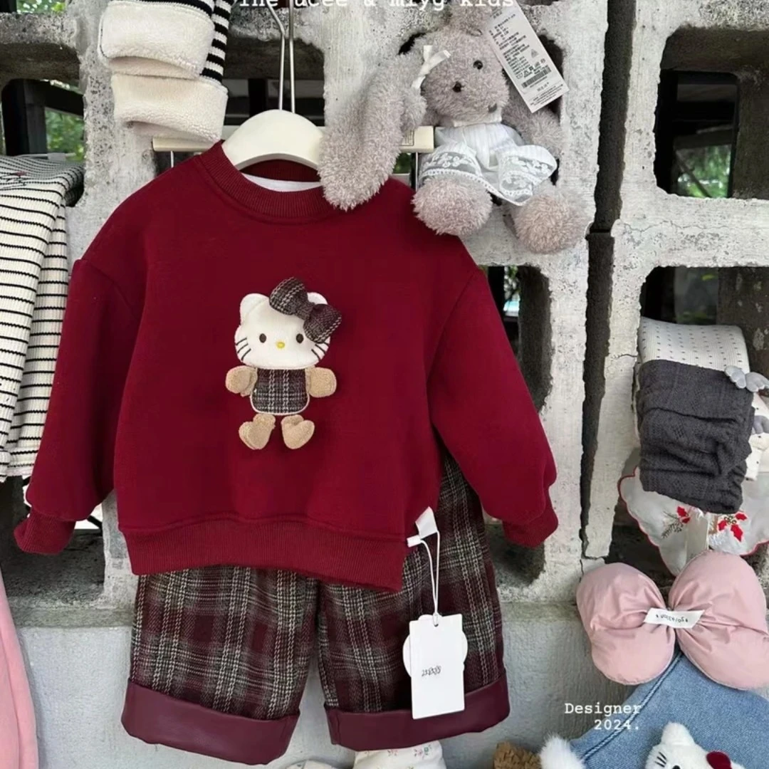 釉  2024冬季新款女童加厚立体KT猫红色卫衣套装