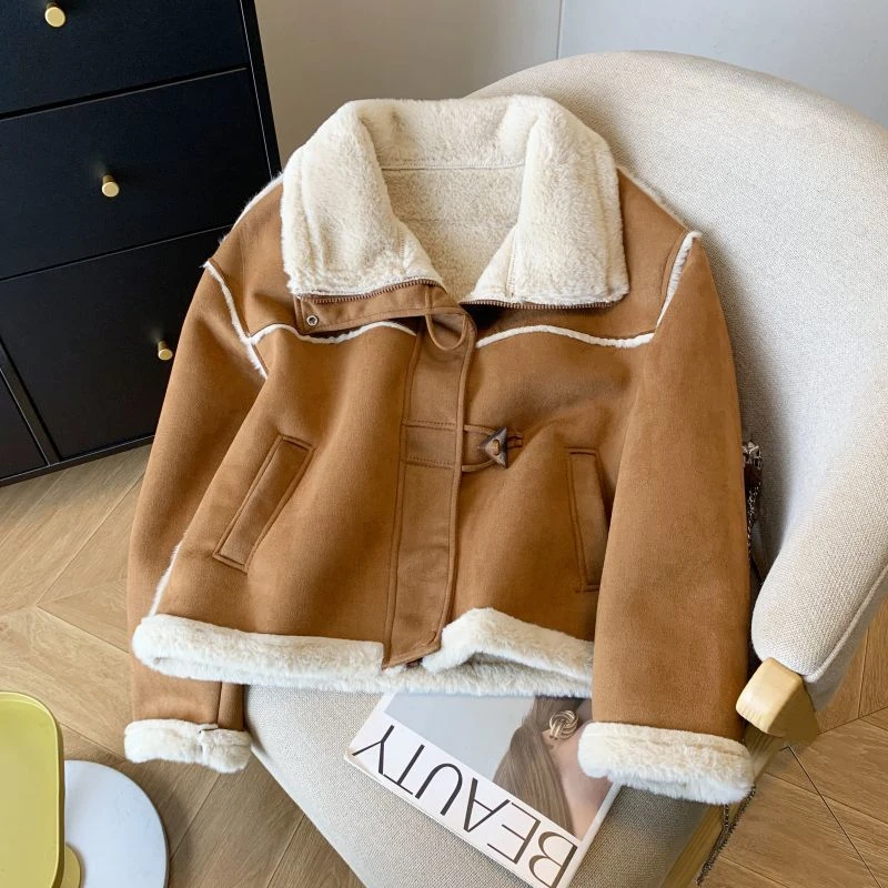 冬季新款加厚短款机车皮毛一体冬季外套韩版大衣轻熟风通勤上衣潮
