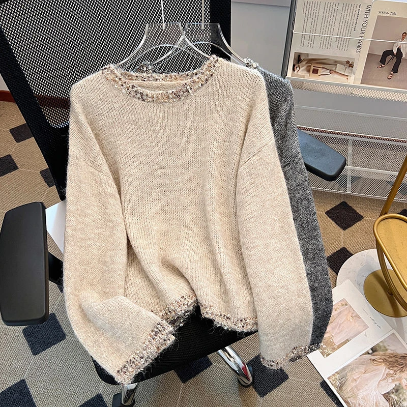 秋冬宽松长袖圆领上衣女亮片设计感针织衫2024新款套头气质毛衣潮
