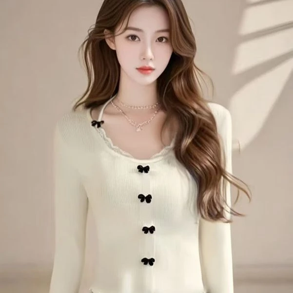 小香风蝴蝶结针织衫女秋冬纯欲挂脖上衣蕾丝打底衫内搭高级感毛衣