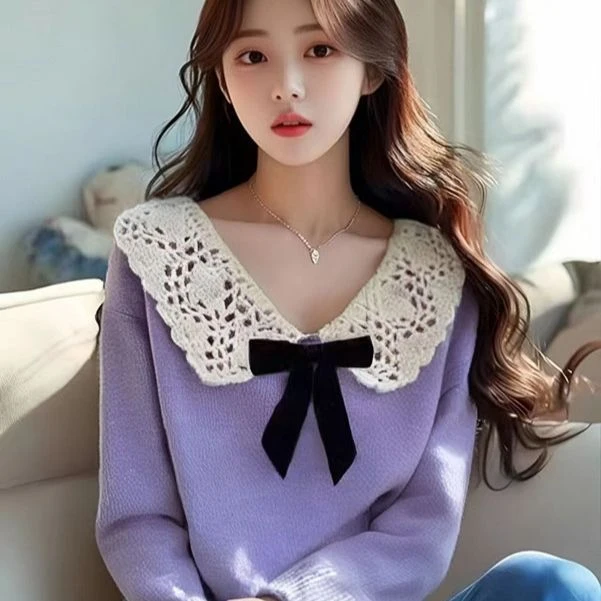 翻领蝴蝶结软糯毛衣针织衫2024秋冬季新款女冷淡系时尚高级感上衣