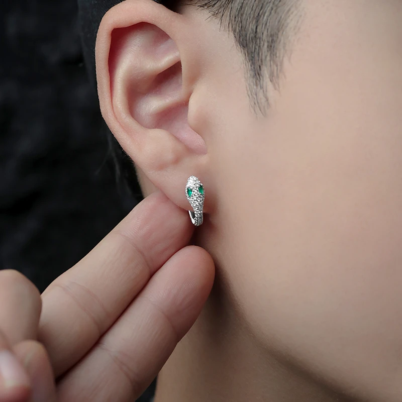 克兰茜 925银耳饰 原创青蛇耳环男潮纯银高级感痞帅美式单只耳圈