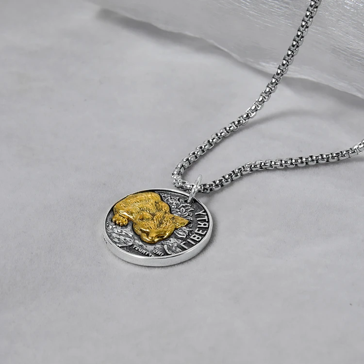 吊坠925银 欧美复古圆牌双面猫咪项链男潮嘻哈街头圆币吊坠男女款