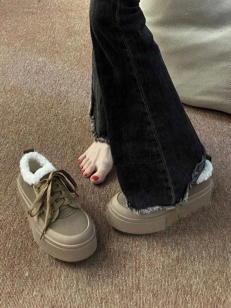 【羊羔绒】卡其色加绒板鞋女2023新款秋冬季厚底松糕增高保暖单鞋