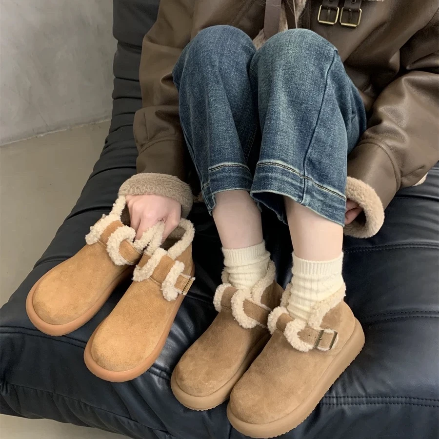 098厚底雪地靴冬季2024新款复古勃肯鞋加绒保暖棉鞋毛毛短靴韩版