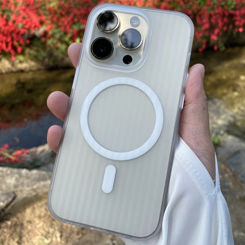 瓦楞光栅磁吸手机壳适用苹果16promax冰雾15磨砂14高透12透明壳13
