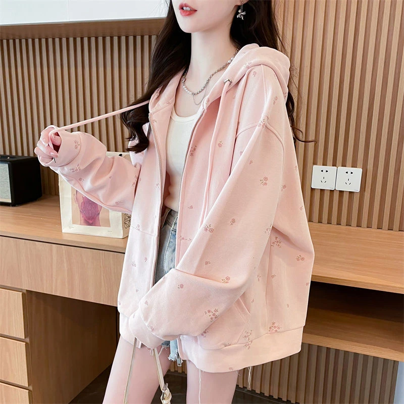 小清新碎花薄款连帽开衫卫衣女春秋新款韩版宽松百搭显瘦上衣外套