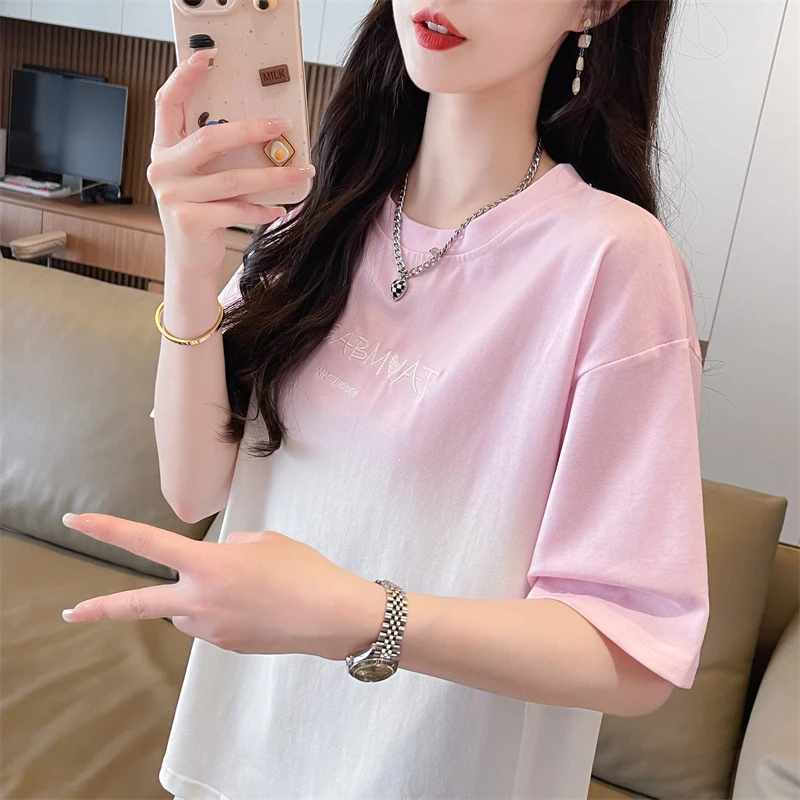 夏季新款圆领时尚短袖t恤女小个子短款韩版宽松渐变扎染刺绣上衣