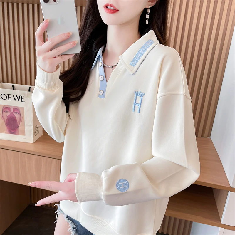 学院风减龄polo领刺绣薄款/加绒卫衣女春秋冬韩版宽松百搭上衣潮