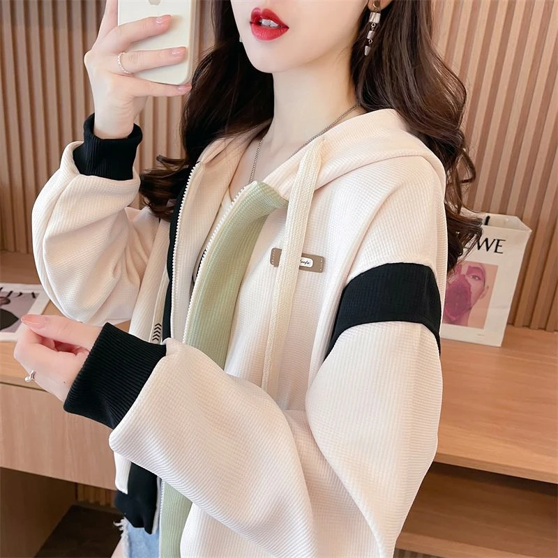 个性拼色拉链连帽开衫卫衣女春秋薄款韩版宽松华夫格短款外套上衣