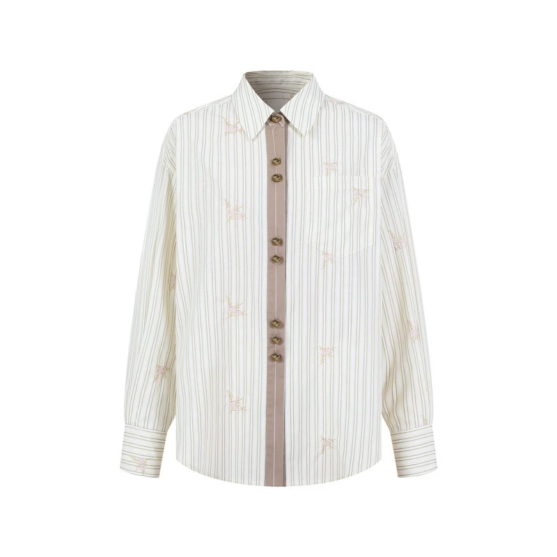 Three Quarters 时尚宽松撞色拼接绣花条纹衬衫上衣