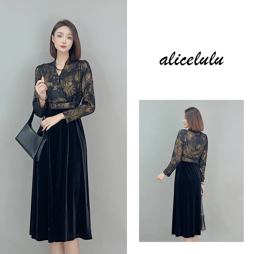 6 ALICE “黑金时代”连衣裙 蕾丝烫钻 华美丝绒 S1034801J